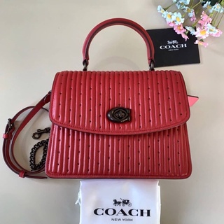 (ผ่อน0%) กระเป๋าสะพายข้าง Coach Parker Top Handle With Quilting And Rivets 76028 งานshop หนังแท้ สีแดง