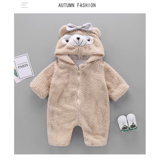 *พร้อมส่ง*ชุดหมีกันหนาว หมีครีม มีโบว์