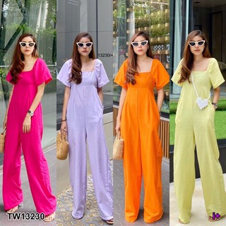 Jumpsuit จั๊มสูทขายาว คอเหลี่ยมแขนสั้น มีกระเป๋าสองข้าง มีซิปหลัง เนื้อผ้าลินิน