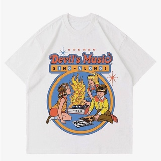 ROUNDคอลูกเรือNeckเสื้อยืด พิมพ์ลาย Devils MUSIC SING ALONG! | เสื้อยืด พิมพ์ลาย Devils MUSIC OVERSIZE สีขาว | เสื้อกีฬา