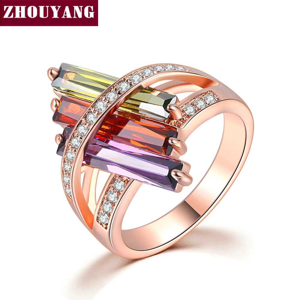 Zhouyang(โจวหยาง)แหวน สำหรับผู้หญิง Mulitcolour คริสตัลสไตล์ส่วนตัวของสี โรสโกลด์ แหวนพรรคของขวัญ R778