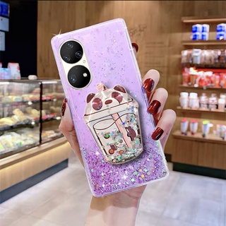 เคสโทรศัพท์ Huawei P50 Pro Nova 9 8i 8 7SE 5G 7 7i Y7A Phone Case Transparent Bling Star Space Shock Resistant Back Cover Cute Cartoon Bears Design Quicksand Bracket Casing เคส HuaweiP50 P50Pro Nova9 Nova8i