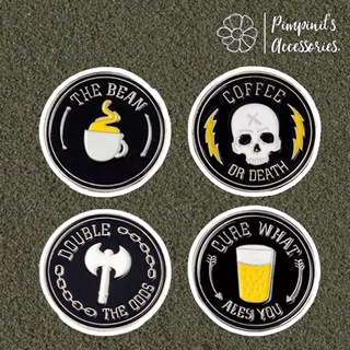 ʕ •ᴥ•ʔ ✿ พร้อมส่ง : เข็มกลัดเซ็ทขวาน,หัวกระโหลก,เบียร์และกาแฟ | Axe, Skull, Beer &amp; Coffee Enamel Brooch Pin Set.