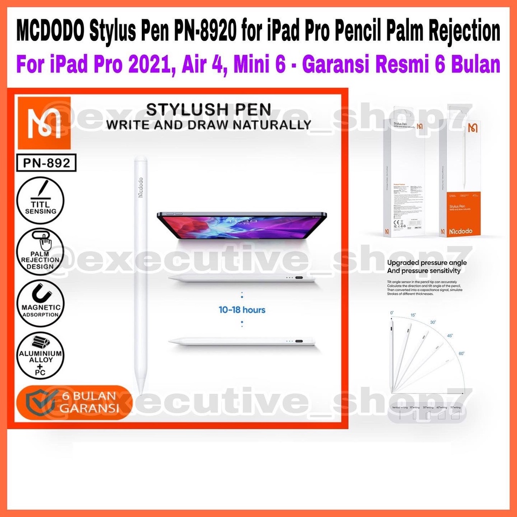 MCDODO ปากกาสไตลัส PN-8920 สําหรับ iPad Pro Pencil Palm Remove สําหรับ iPad Pro 2021, Air 4, Mini 6 