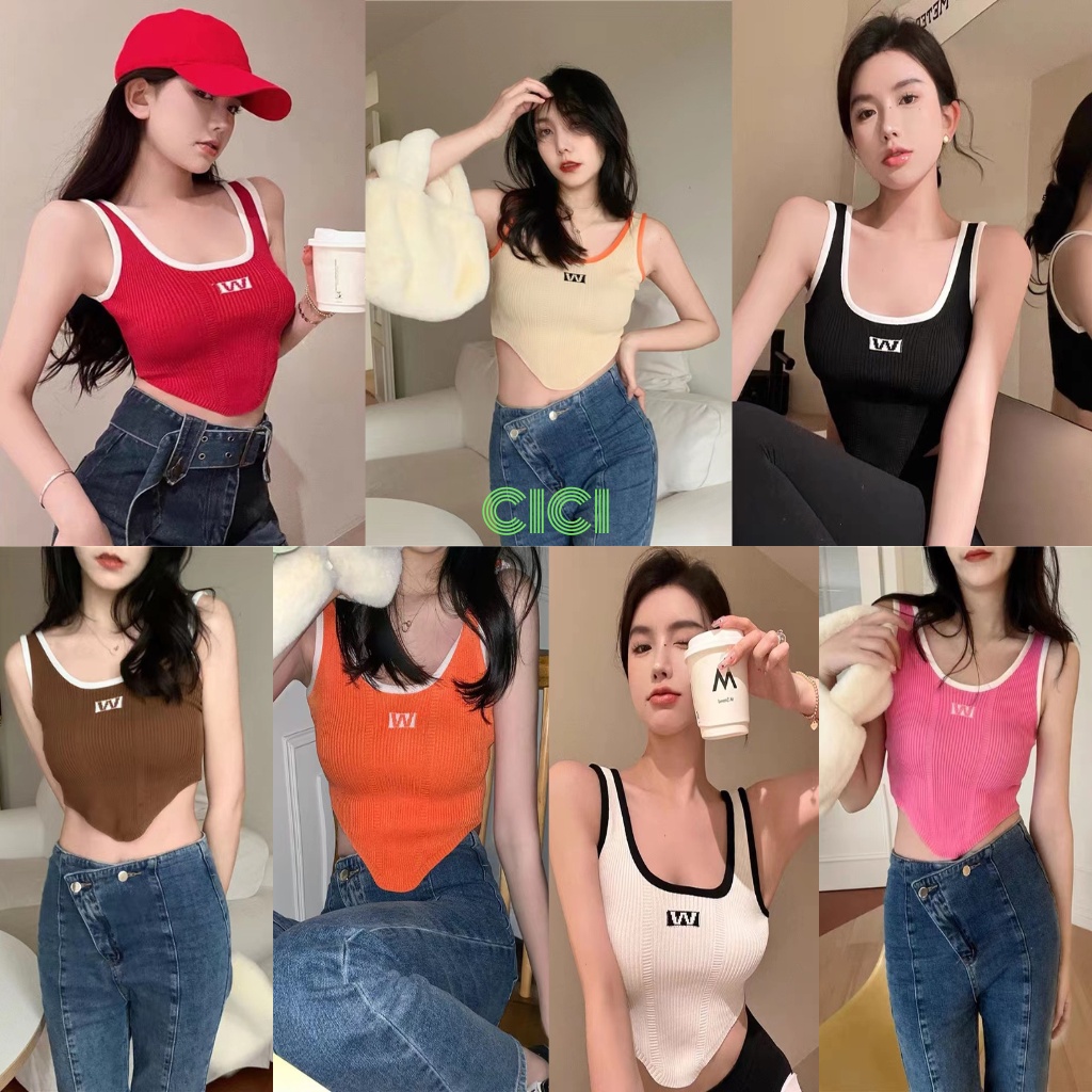 ส่งทันที Cici(NO. 59200)เสื้อสายเดี่ยว ผ้าไหมพรมร่อง ดีเทลชายเสื้อโค้ง สีสีนสดใจ ผ้านุ่มใส่สบาย แมทง่ายใส่ได้กับทุกชุด