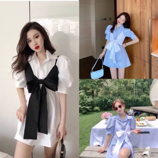 ชุดเดรส‼️พร้อมส่ง 🍑New in Shirt collar dress  -งานนำเข้า พร้อมส่ง- มินิเดรสเชิ้ต แขนดอลลี่ มาพร้อมเสื้อครอปโบว์