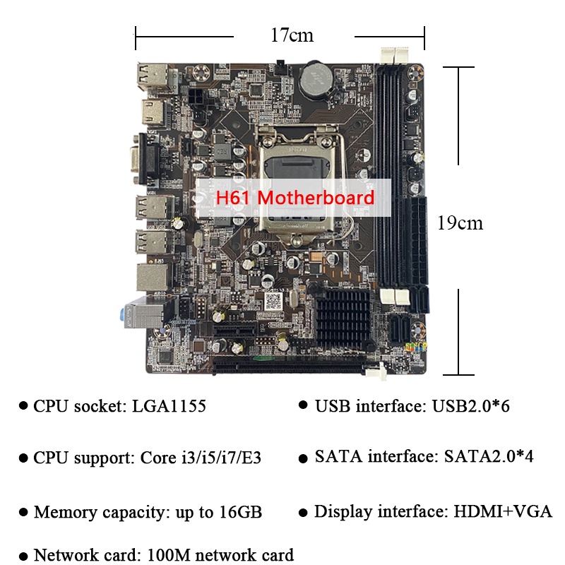 H61 Motherboard 4 SATA MATX Support 2*8GB DDR3 RAM Intel Core i7 i5 i3