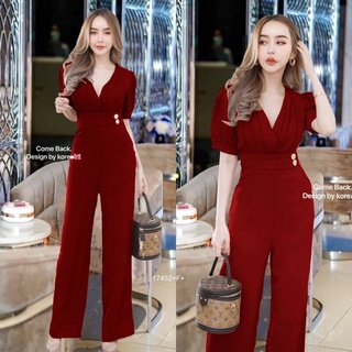 📌Hot New📌Jumpsuit จั๊มสูทยาว คอวี ดึงสม็อกช่วงเอว มีกระเป๋าข้าง