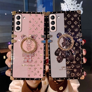 เคสโทรศัพท์มือถือแบบนิ่ม TPU กันกระแทก ลายหมี พร้อมแหวนขาตั้ง แฟชั่นหรูหรา สําหรับ Samsung Galaxy S10 S10 Plus S21 S21 Plus Ultra S22 S22 Plus S22 Ultra S8 S9 S8 S9 Plus