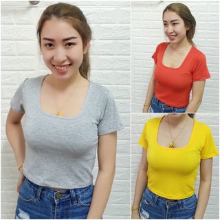 เสื้อครอปแขนสั้นคอเหลี่ยม(สีพื้น)