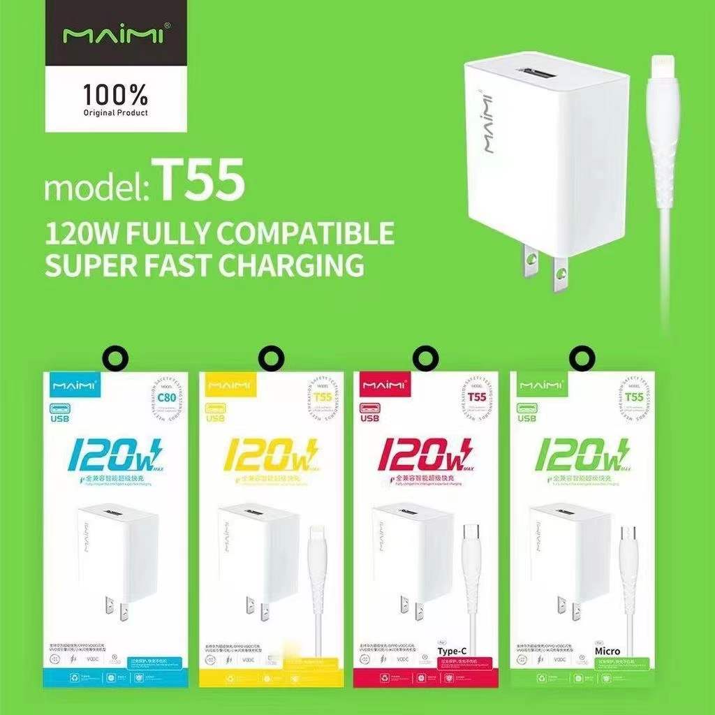 MAIMI T55 ชุดชาร์ท หัวพร้อมสาย 120วัตต์ มีรุ่น Type-c ip Micro Super fast charging wall charger รับประกัน1ปี