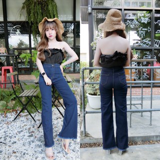 Cc jeans 087 S-2XL กางเกงยีนส์ผู้หญิง เอวสูง ขาบาน สีเข้ม