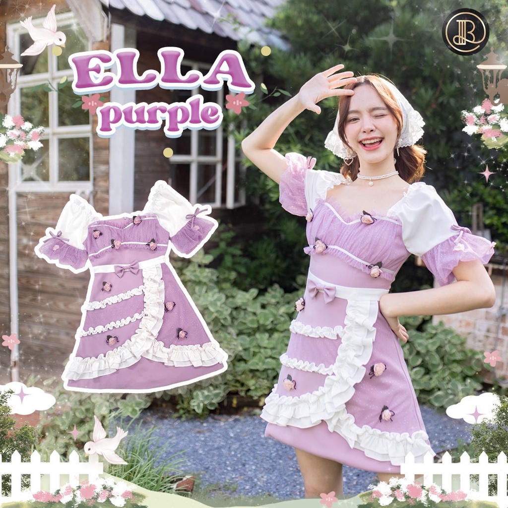 BLT BRAND การันตีเสื้อผ้าแบรนด์แท้ มินิเดรส สีชมพูแขสั้นสีขาวหวานๆ ELLA PURPLE