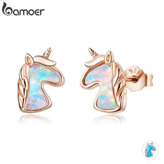 BAMOER 2 Color Opal Licorne Stud Earrings for Women 925 Sterling Silver Fashion Jewelry Rose Gold&amp;Blue Color