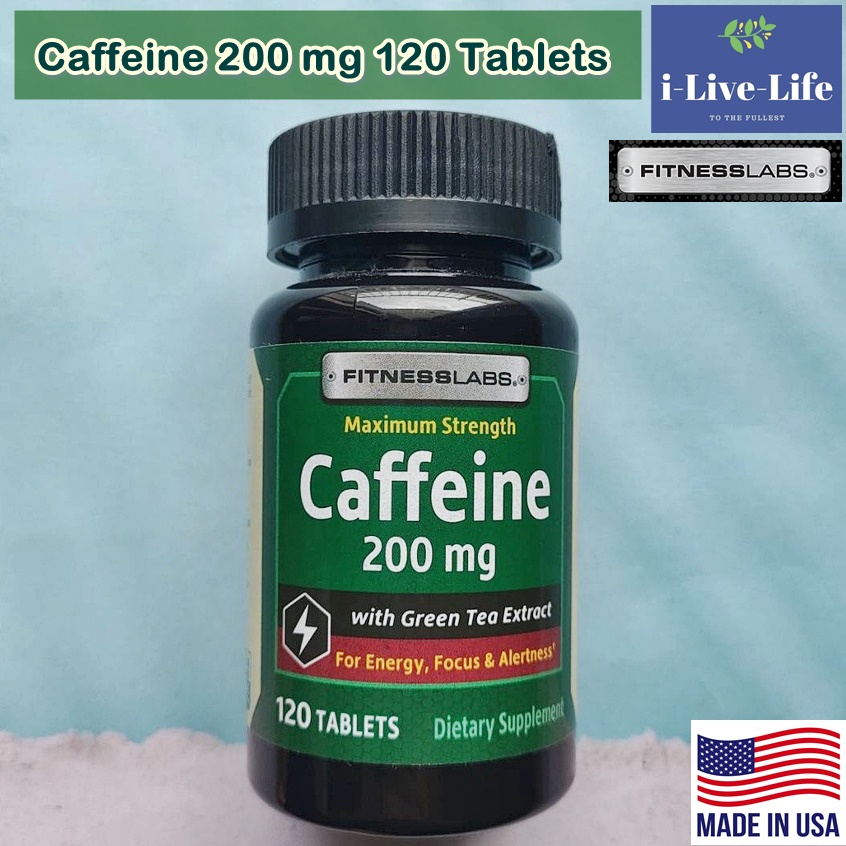 คาเฟอีน อัดเม็ด Caffeine 200 mg 120 Tablets Maximum Strength with Green Tea Extract - Fitness Labs