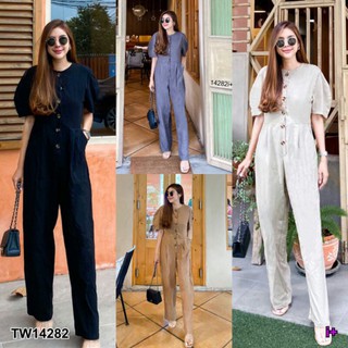 Jumpsuit จั๊มสูทขายาว คอกลมกระดุมหน้า แขนสั้น มีกระเป๋าข้างสองข้าง