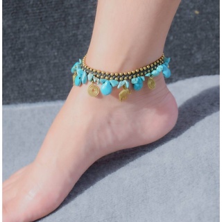 ANK28 สร้อยข้อเท้าเชือกเทียนถัก ลูกปัดทองเหลือง สลับหินเทอคอย Ankle bracelet