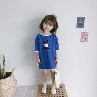 เสื้อยืดแขนสั้น ลายการ์ตูน สำหรับเด็กกระโปรง ชุดเดรสผ้าฝ้ายหญิงหลวม  แขนสั้นTเสื้อกระโปร ชุดเดรสเด็กผู้หญิง เดรสสายหวา