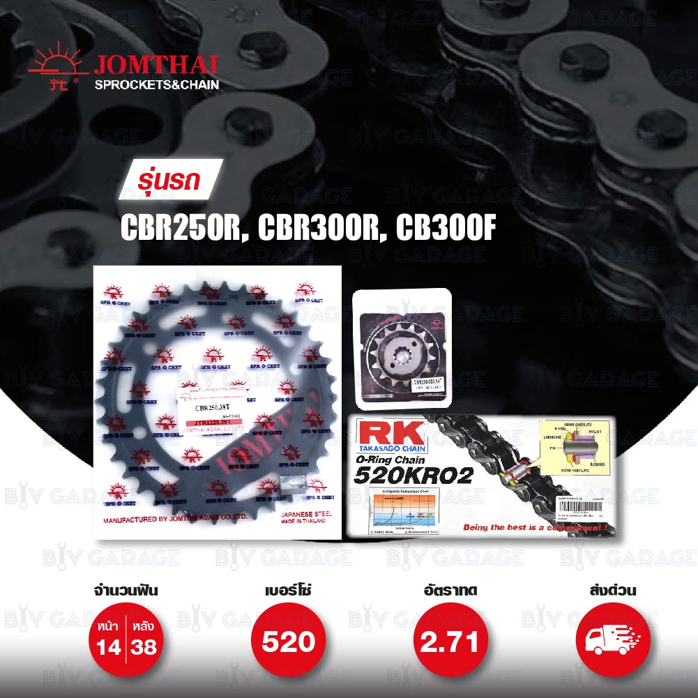 ชุดเปลี่ยนโซ่-สเตอร์ Pro Series โซ่ RK 520-KRO และ สเตอร์ JOMTHAI สีดำ สำหรับ Honda CBR250R CB300F C