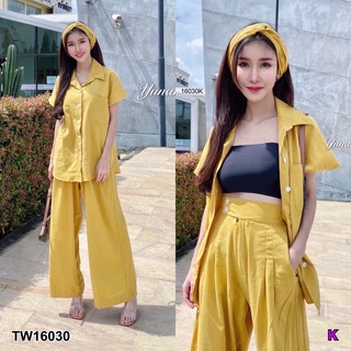 TW16030 Set 3 ชิ้น เสื้อเชิ้ตคอปก แขนสั้น + กางเกงกระดุมหน้า มีซิปหน้า ยางยืดเอวสม็อคหลัง + ผ้าคาดผม ผ้าคอตตอลลินินผสม