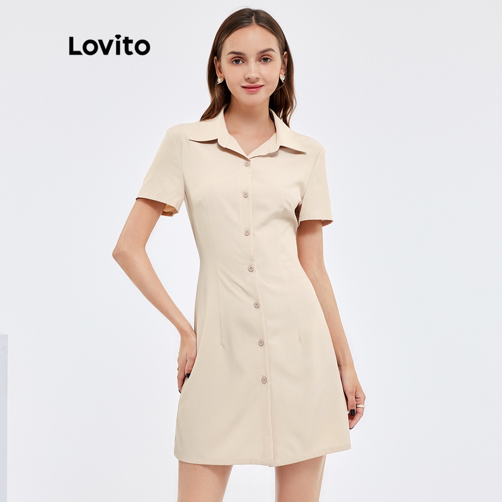 151kj Lovito ชุดเดรสคอปกเปิดเส้นธรรมดา L25Ad069 (แอปริคอท)