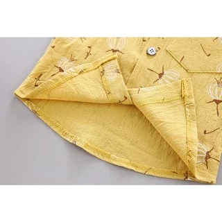 เสื้อเชิ้ตลายดอกแดนดิไลออนเด็กชายยุโรปและอเมริกา กางเกงขาสั้นสีทึบ ชุดลำลองเด็กฤดูร้อนสไตล์ตะวันตก