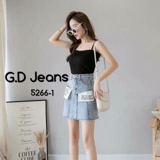 G.D. Jeans รุ่น 5266-1#กระโปรงยีนส์ผ้าด้านทรงเอสั้นสีฟอกกระเป๋าพิมพ์ลายภาษาอังกฤษความยาว 15 นิ้ว 🦈💦