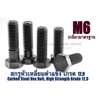 น็อตหัวหกเหลี่ยมดำ M6 เกลียว 1.0 (แพ็คละ 4 ตัว)  ยาว 25-80 mm น็อตหัวเหลี่ยมเบอร์ 10 แข็ง 12.9 สกรูหัวเหลี่ยมดำ Hex Bolt