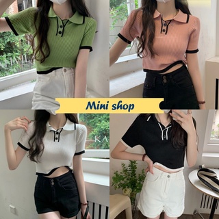 Mini shop🌸พร้อมส่ง🌸(9198) เสื้อไหมพรม คอปกแขนสั้น ผ้าร่องนิ่มใส่สบาย