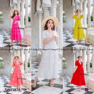 MF13878🍓 Maxxi Dress แม็กซี่เดรสยาว คอวีหน้า-หลัง ผ้าไหมอิตาลี่ แขนตุ๊กตา กระโปรงยาว พลิ้วๆ ระบายๆ สวยปังมากค่า งานดี