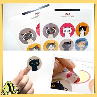 MANINI สติ๊กเกอร์กลม รูปหน้าแมว สติ้กเกอร์กันน้ำ ลอกออกยาก Cat Illust Sticker