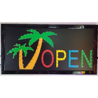 ป้ายไฟ OPEN beach รูปต้นมะพร้าว LED SIGN ประดับตกแต่ง ป้ายแบบสำเร็จรูป