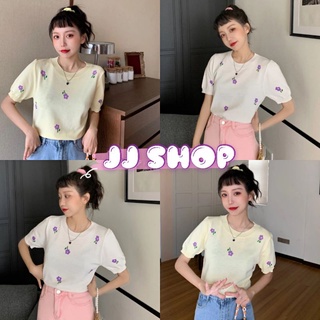 JJ Shop​💜​พร้อมส่ง เสื้อไหมพรมแชนสั้นคอกลม ลายดอกไม้ ถ่ายจากสินค้างานจริง "6222-2"