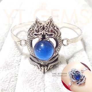 📣 กำไลพญานาคคู่ นาคเกี้ยว โอบมณีสีน้ำเงิน ไพลิน กำไลเงินแท้ รมดำ พลอย(CZ) YTG-11699