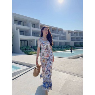 ชุดเดรสยาว มีสาย ผูกไหล่ พิมลายดิจิตอล