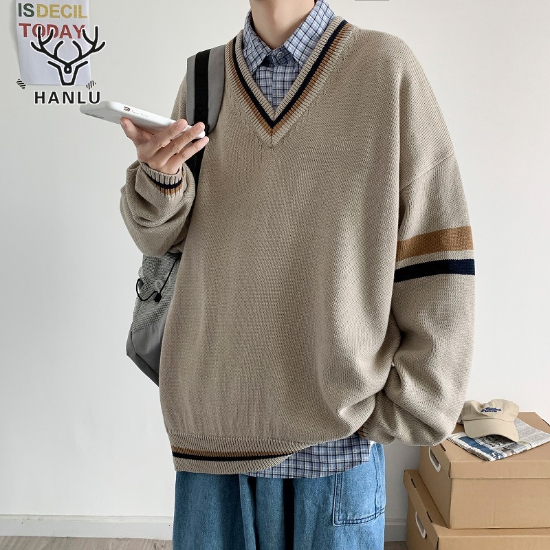 HANLU เสื้อกันหนาวผู้ชายสไตล์เกาหลีคอวี ลายถัก ใส่สบาย