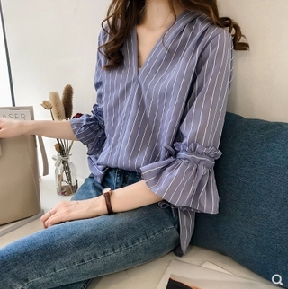 เสื้อสตรีเสื้อเชิ้ตลายขวางแขนเกาหลี