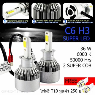 ไฟหน้า Led ขั้ว H3 Cob 36w C6 แสงสีขาว SUPER BRIGHT 6000 K แถมฟรี ไฟหรี่ มูลค่า 250บาท 1 คู่