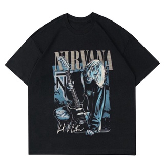 เสื้อยืดผ้าฝ้ายพิมพ์ลายGILDAN เสื้อยืดแขนสั้น ผ้าฝ้าย พิมพ์ลายวง Nirvana Kurt Cobain สไตล์พังก์ร็อค วินเทจ ขนาดใหญ่ 24s