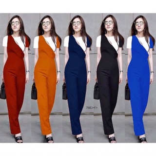 B7983 จั้มสูทขายาว อกแต่งสลับสี Long-sleeved jumpsuit with contrasting colors