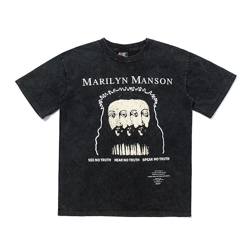 เสื้อยืดลำลองเสื้อยืดแขนสั้น พิมพ์ลาย Marilyn Manson vtg Triple Head สไตล์วินเทจ สําหรับผู้ชายS to4XL