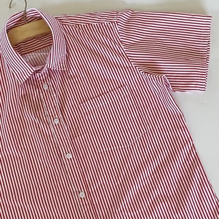 S-5XL เสื้อเชิ้ตลำลองลายทางสีขาว-แดง
