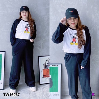 TT16067 Set #Bigsize เสื้อครอปแขนยาวสกรีนลายการ์ตูน+กางเกงขายาว Set #Bigsize long sleeve crop top with cartoon screen pr