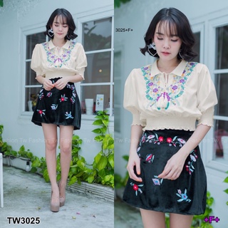 TwinsShopVip💗พร้อมส่ง TW3025 เซต 2ชิ้น เสื้อคอตตอนปักดอกไม้สีสดใสตกแต่งสายพู่