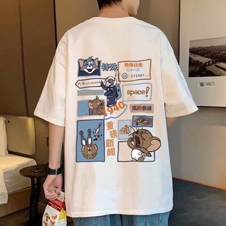 เสื้อยืดแขนสั้น คอกลม พิมพ์ลายการ์ตูนแมว และหนู ทรงหลวม สไตล์เกาหลี แฟชั่นฤดูร้อน สําหรับผู้ชาย