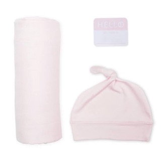 Lulujo ผ้าอ้อมมัสลินคอตตอนแบมบู พร้อมหมวก Bamboo hat and Muslin Swaddle - Baby Pink