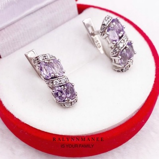 T6415 ต่างหูพลอยอเมทิสต์แท้ ( Amethyst ) แบบอิงลิชล็อค ตัวเรือนเงินแท้ 925 ชุบทองคำขาว