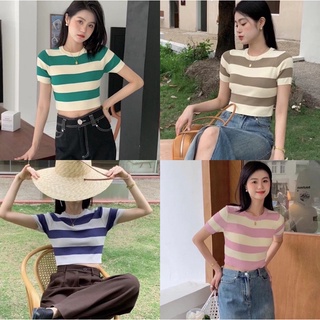 Ey_shop688พร้อมส่ง✨6632/BB＃เสื้อแฟชั่นลายทางแขนสั้น ＃เสื้อผ้าไหมพรมคอกลม💕