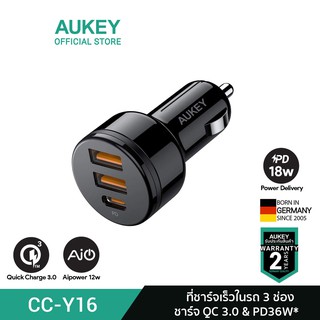 AUKEY CC-Y16 PowerAuto 36W PD Car Charger ชาร์จเร็วในรถ QC 3.0 2 ช่อง ชาร์จเร็ว Power Delivery 1 ช่อง รุ่น CC-Y16