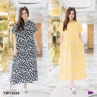 MF13524  Maxi Dress #สาวอวบ แม็กซี่เดรส แขนสั้น มีฮู้ด ทรงเอ มีกระเป๋าล้วงข้างลำตัว เนื้อผ้าคอตตอนผสม พิมพ์ลายดอกเดซี่เล